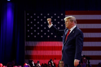 caption: Former President Donald Trump is pictured at the Conservative Political Action Conference on Feb. 24 in National Harbor, Md. This upcoming Tuesday will be a major voting day in the Republican primary.