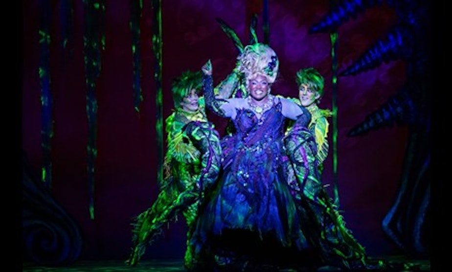 caption: Cassi Q Kohl, Shaunyce Omar, and Ethan Carpenter in The 5th Avenue Theatre's original production of Disney's "The Little Mermaid."