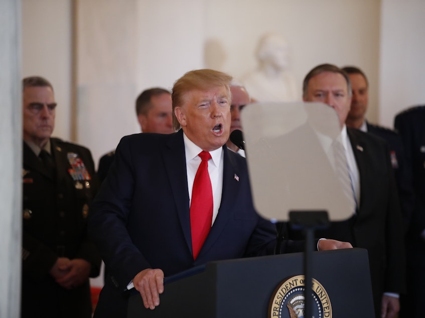 caption: President Trump addresses the nation from the White House on the missile strike that Iran launched against air bases in Iraq last week.