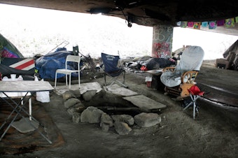 caption: A camp area at the caves in the north part of the Jungle, Seattle's notorious homeless encampment that leapt onto the map after a fatal shooting in January.