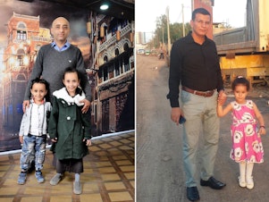 caption: Left: Anwar Alsaeedi stands with his children, Nada, 9, and Mazeen, 6, in the Yemeni capital Sanaa. Right: Hatem al-Showaiter with his daughter in Djibouti, when his daughter was three and half years old. She is now aged seven and half.