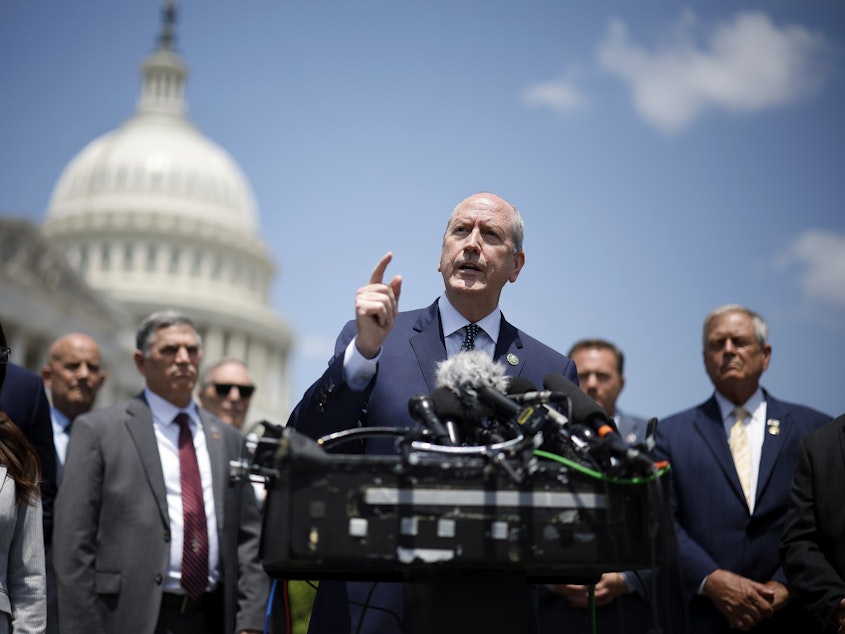 caption: Rep. Dan Bishop spoke alongside members of the Freedom Caucus to announce they would oppose the deal to raise the debt limit on May 30.