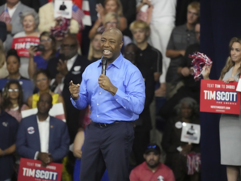 caption: Sen. Tim Scott, R-S.C., gives remarks at his presidential campaign announcement event at Charleston Southern University on Monday in North Charleston, S.C.