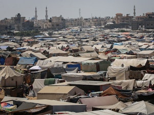 caption: Makeshift tents for displaced Palestinians at a temporary camp in Rafah, southern Gaza, on May 3.