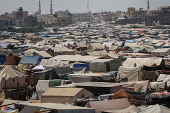 caption: Makeshift tents for displaced Palestinians at a temporary camp in Rafah, southern Gaza, on May 3.