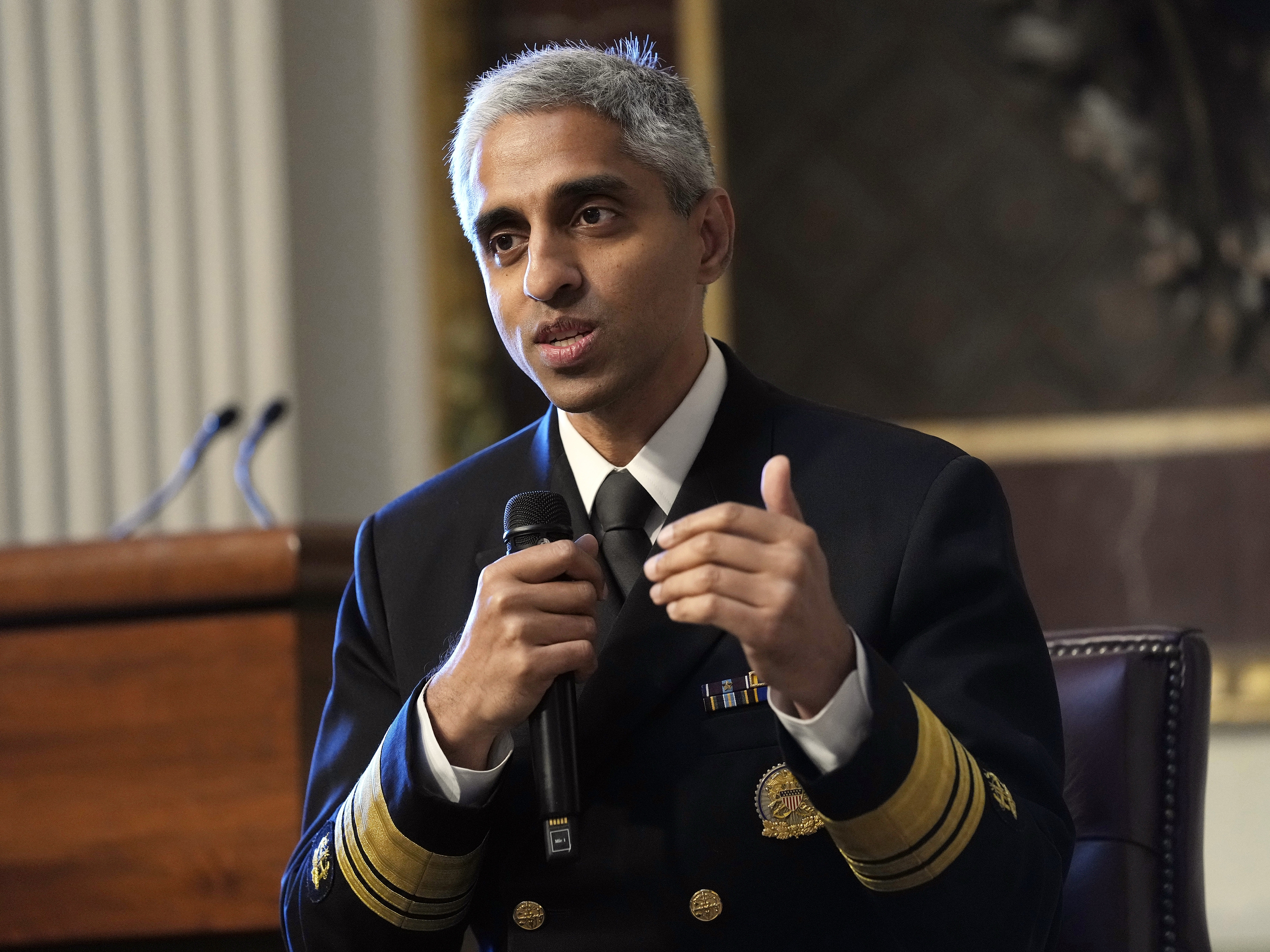 caption: Surgeon General Dr. Vivek Murthy speaks during an event on the White House in April. The nation's top doctor has issued an advisory about the public health risks of widespread gun violence.