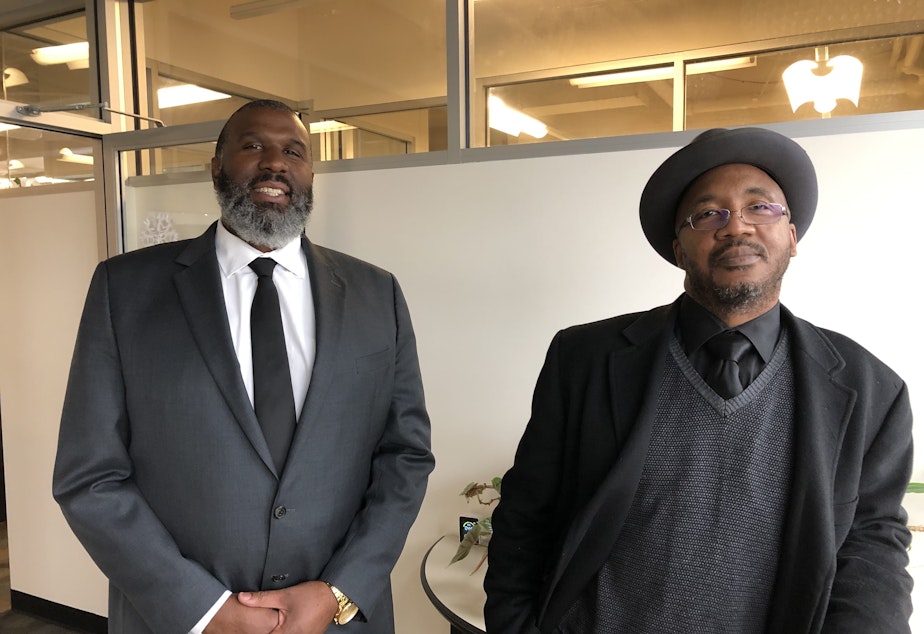 caption: Mike Asai, left, is VP and Peter Manning, right, is President of Black Excellence in Cannabis, which advocated for SB 5080. 