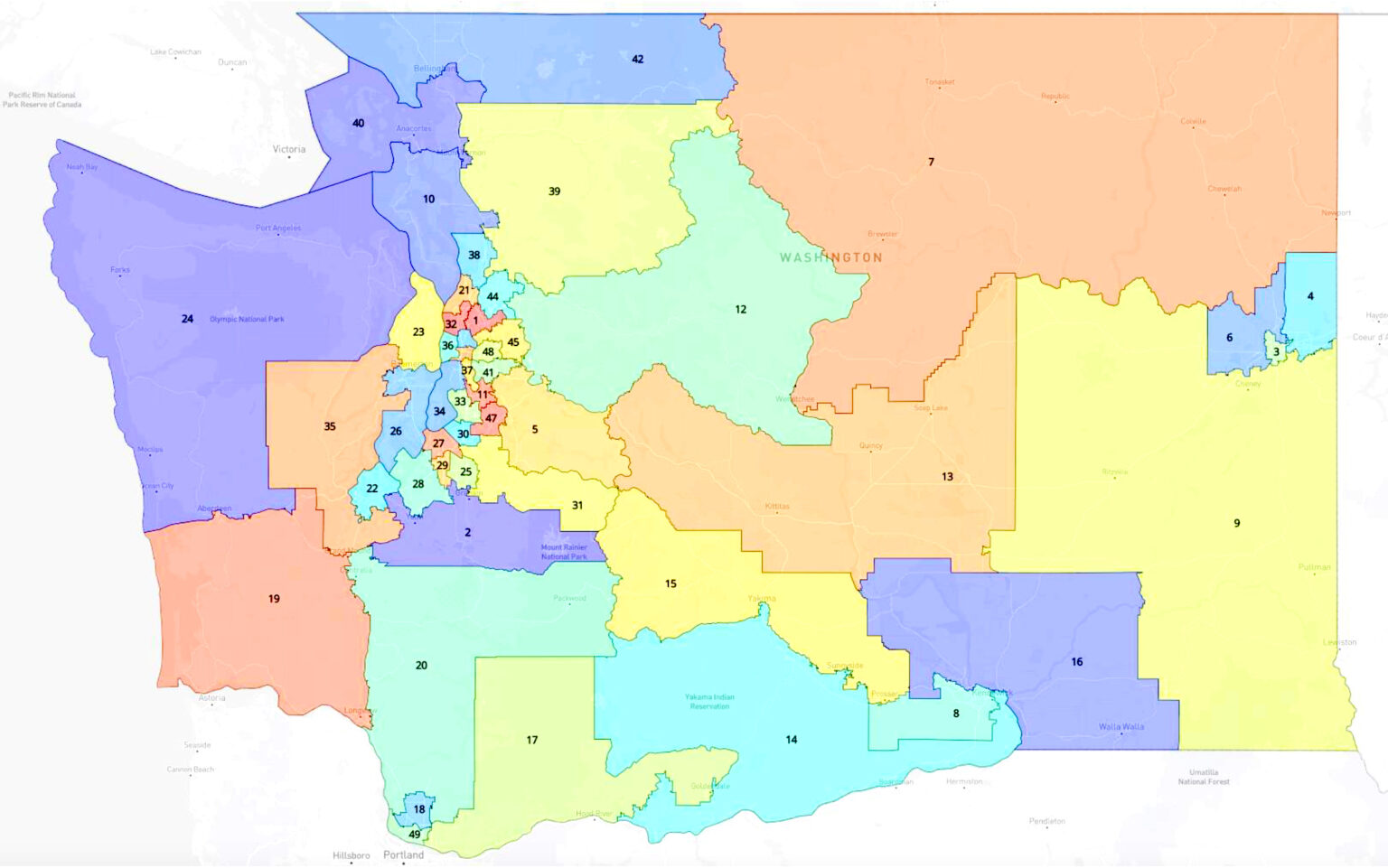 caption: The new legislative district map for Washington state, with the redrawn boundaries for the 15th district. The map was approved by a federal judge on Friday, March 15.