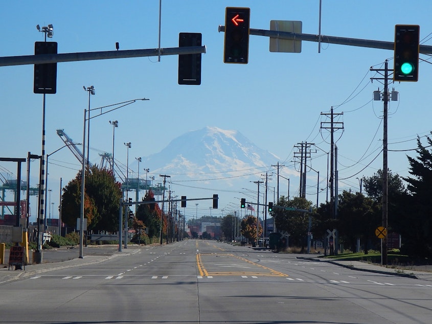 caption: Mount Rainier seen from the Port of Tacoma