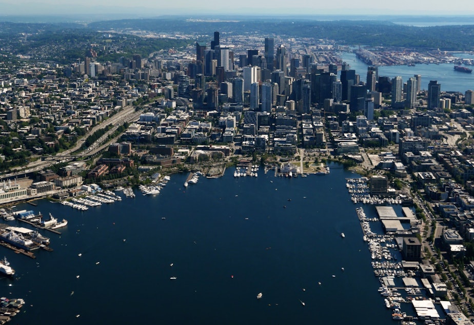 caption: The view of the Seattle skyline across Lake Union.