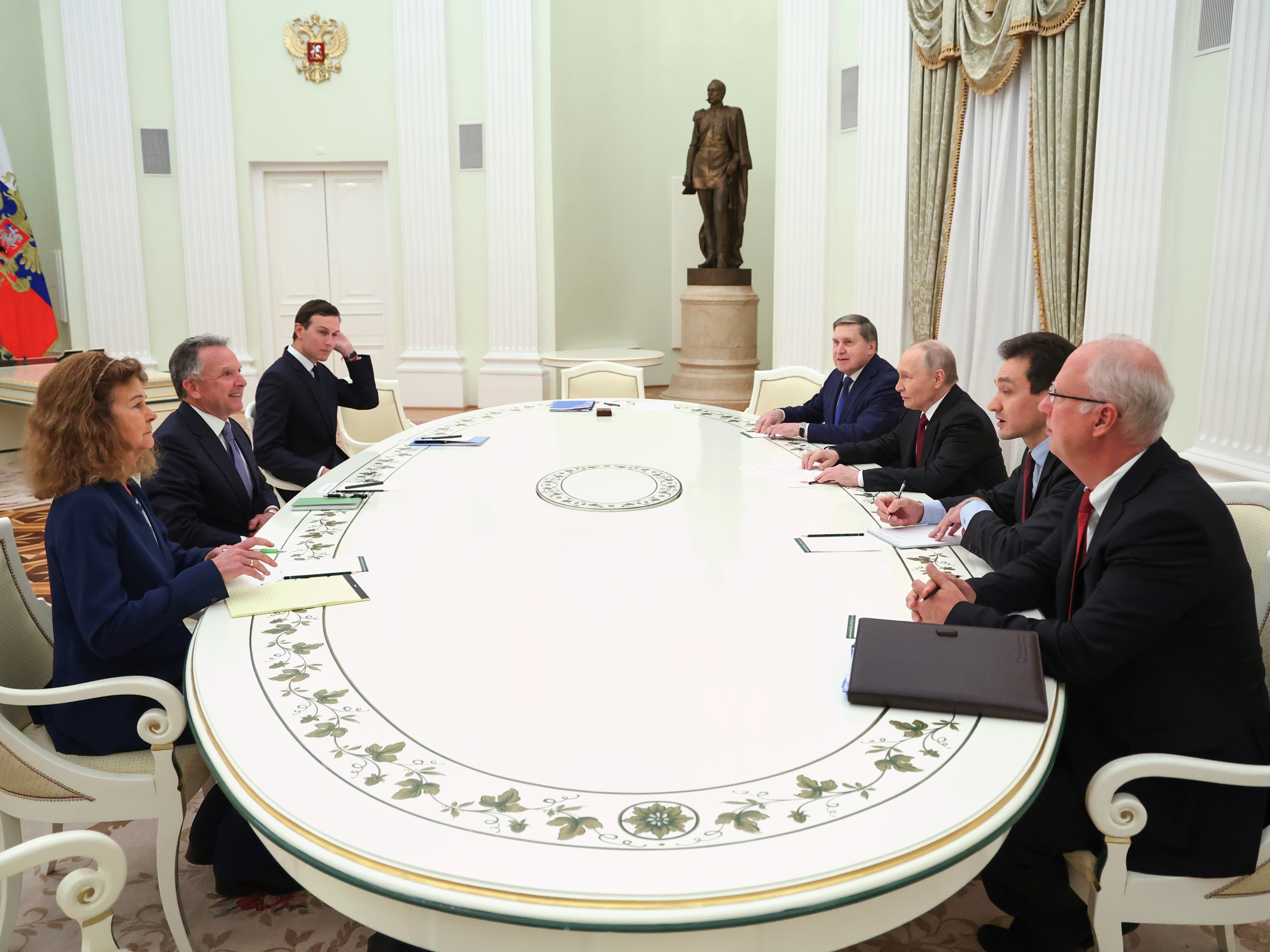 caption: Russian President Vladimir Putin, third right, Russian Presidential foreign policy adviser Yuri Ushakov, fourth right, and Russian Direct Investment Fund CEO Special Presidential Representative for Investment and Economic Cooperation with Foreign Countries Kirill Dmitriev, right, attend talks with U.S. special envoy Steve Witkoff, second left, and Jared Kushner, President  Trump's son-in-law, third, at the Senate Palace of the Kremlin in Moscow, Russia, Tuesday, Dec. 2.