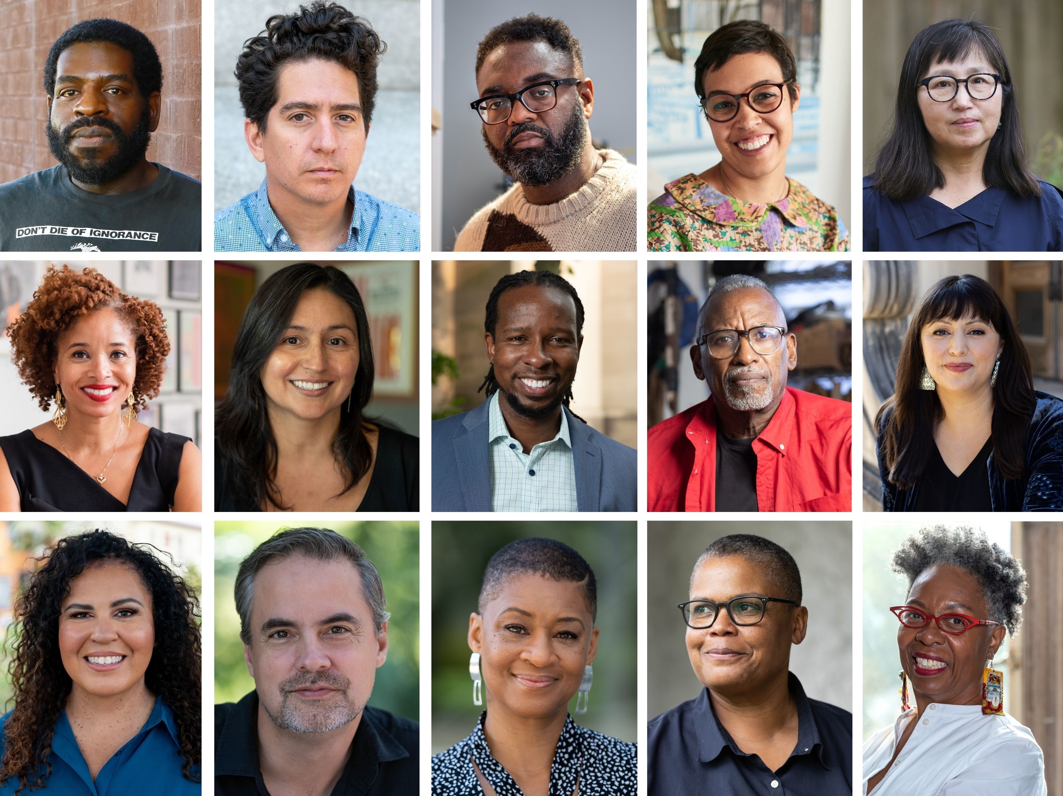 caption: A selection of MacArthur fellows from the Class of 2021 (left to right, top row to bottom): Hanif Abdurraqib, Daniel Alarcón, Reginald Dwayne Betts, Jordan Casteel, Don Mee Choi, Nicole Fleetwood, Cristina Ibarra, Ibram X. Kendi, Daniel Lind-Ramos, Monica Muñoz Martinez, Safiya Noble, Alex Rivera, Jacqueline Stewart, Keeanga-Yamahtta Taylor and Jawole Willa Jo Zollar.