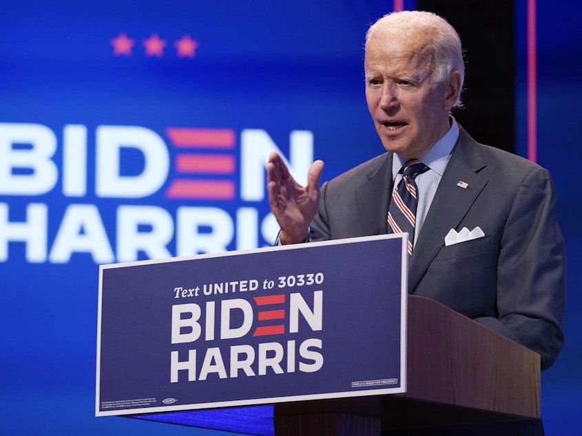 caption: Democratic presidential nominee Joe Biden speaks about coronavirus vaccines after a briefing with public health experts in Wilmington, Del., on Wednesday.