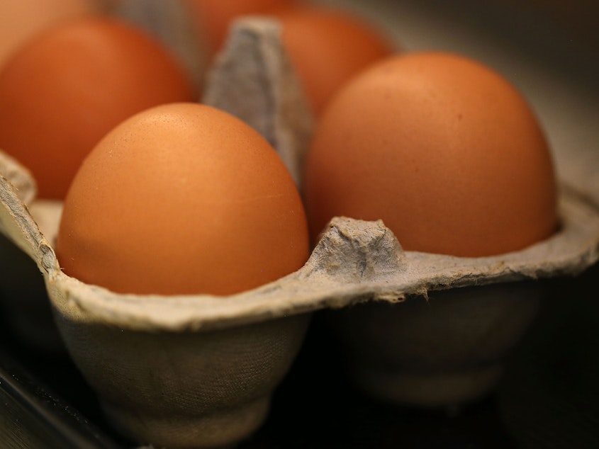 caption: Eye-popping egg prices have finally started to fall. Wholesale eggs in the Midwest market dropped by 58 cents to $3.29 a dozen at the end of January, according to USDA data.