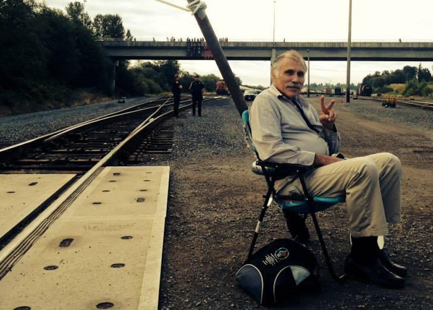 caption: Activist Michael Lapointe at the BNSF Railway blockade in September 2014. 
