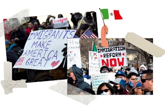 caption: A collage containing two photos. One photo (left) is from an immigration protest in Washington D.C. in 2017. A person holds a sign that reads “Immigrants make America great." The other photo (right) is from an immigration protest in Washington D.C. in 2022. The sign in the center reads “Immigration reform now." 