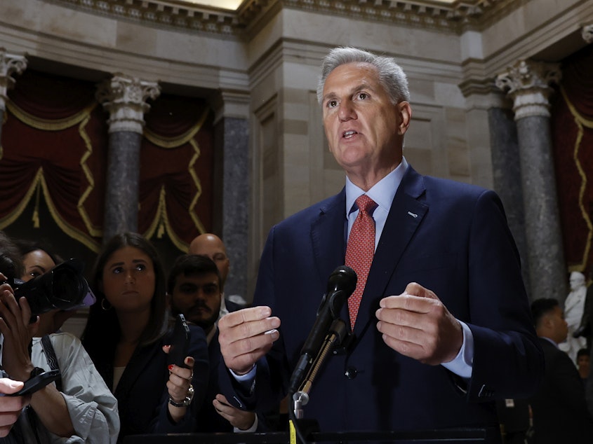 caption: House Speaker Kevin McCarthy speaks to members of the media at the U.S. Capitol in Washington, D.C., on May 24, 2023. The House is set to vote on a debt deal on Wednesday.