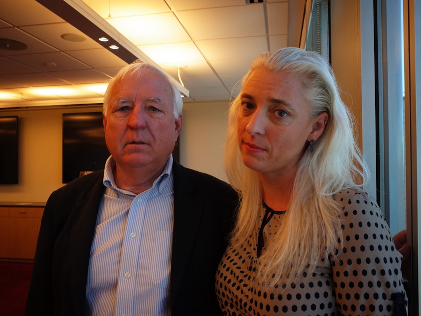 caption: Nove and Susan Meyers of Olympic Cascade Services Inc. (father and daughter) said they were ending their legal challenge to Washington State Ferries' decision to give the food contract to Centerplate Inc. of Connecticut.
