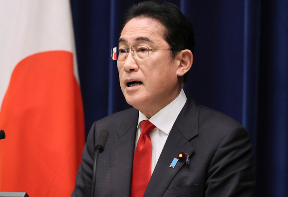 caption: Japanese Prime Minister Fumio Kishida speaks during a news conference at his official residence in Tokyo on March 17, 2023. 