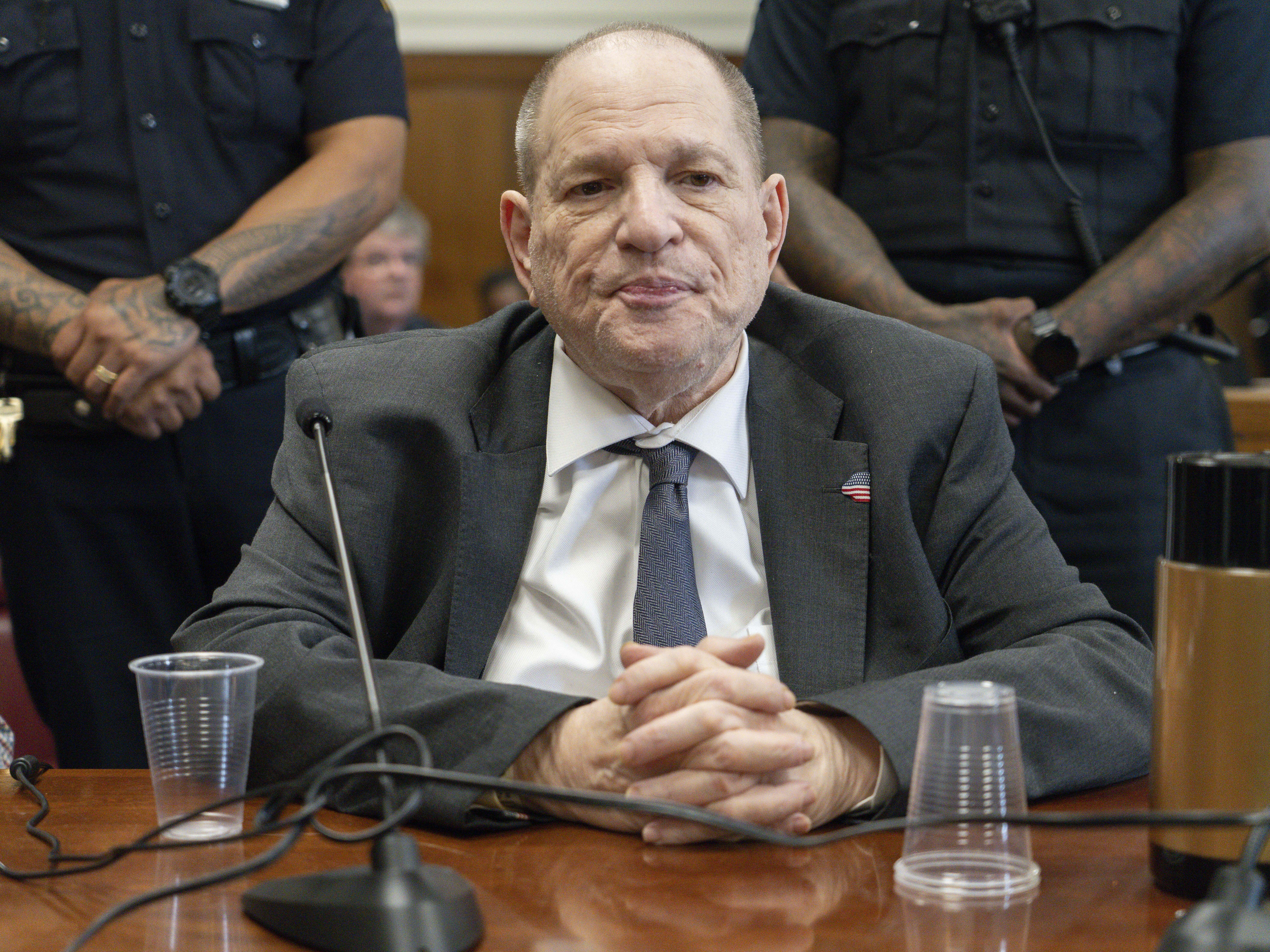caption: Harvey Weinstein appears in court in Manhattan for on Thursday, June 5, 2025.