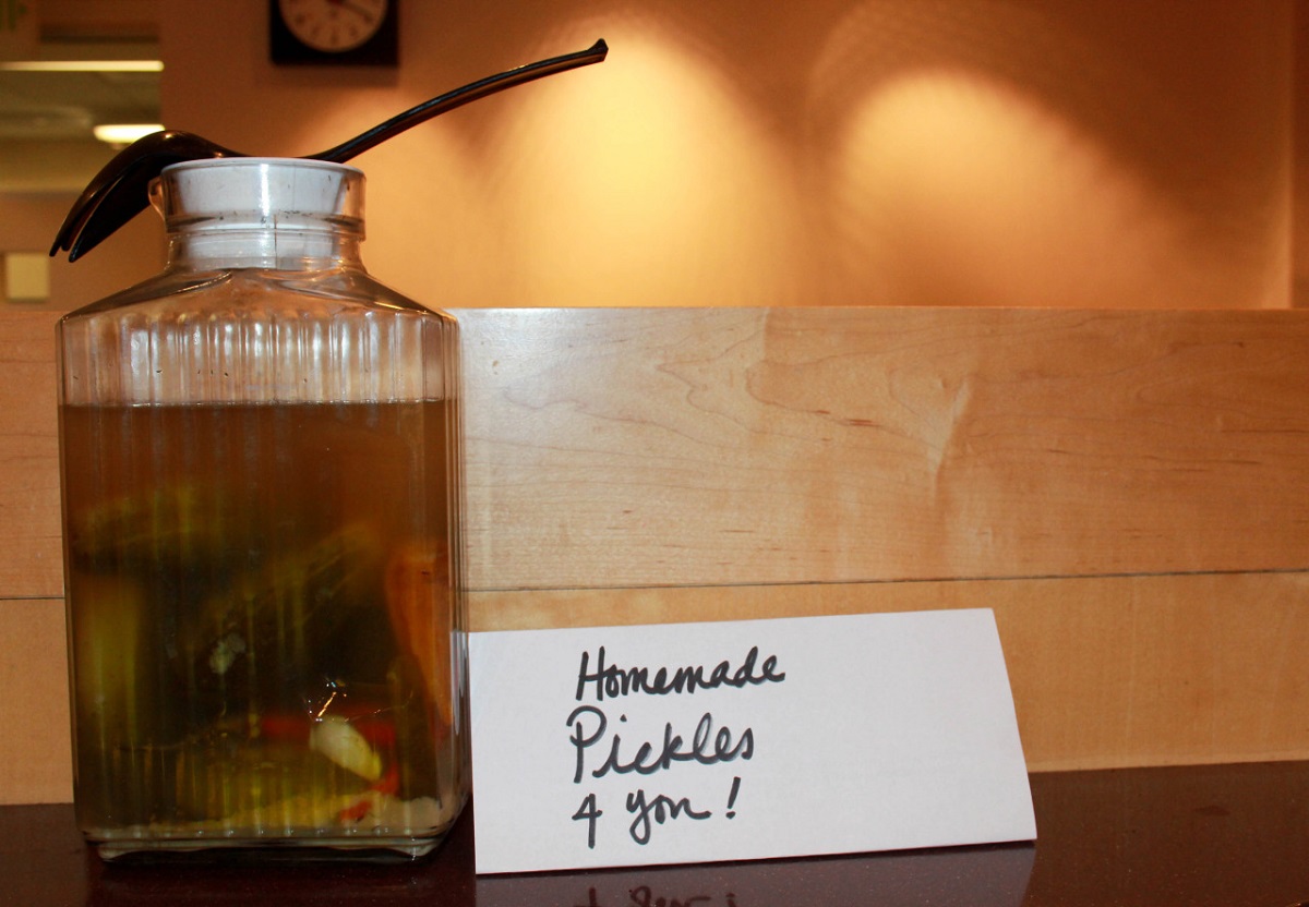 caption: These pickles spent weeks on the counter in the KUOW break room, which doubles as the place where our guests wait to be interviewed. The descriptions muttered about them were decidedly NSFW. CLICK ON THIS IMAGE TO SEE MORE WEIRD STUFF. 