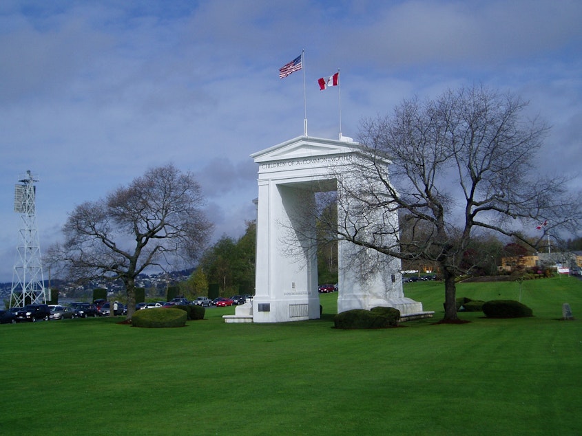 caption: Peace Arch Park reportedly is the scene of lots of weddings this summer featuring Canadian-American couples seeking to ease their border crossing status.