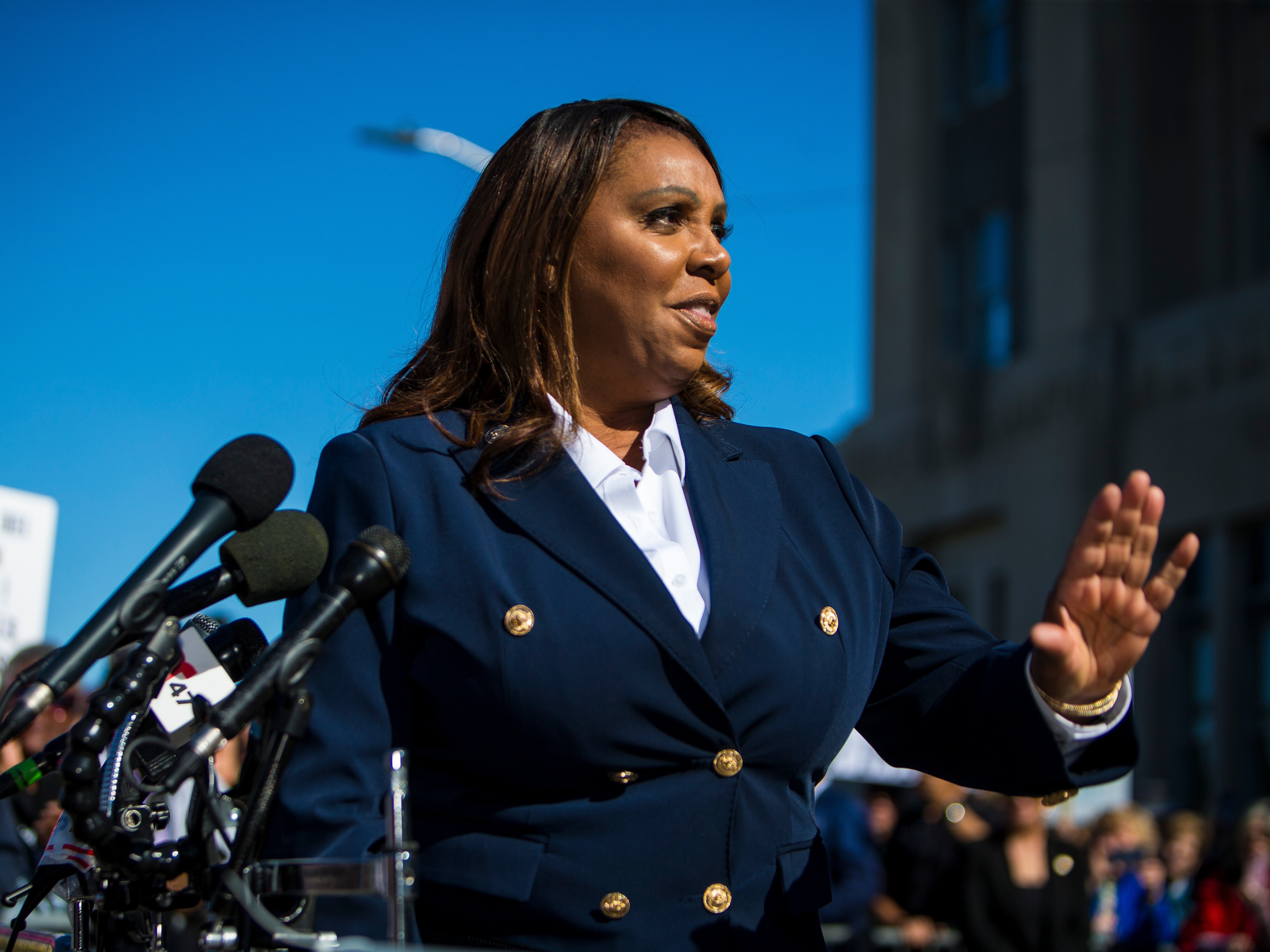 caption: New York Attorney General, Letitia James, speaks after pleading not guilty outside the United States District Court, on Oct. 24, 2025, in Norfolk, Va.