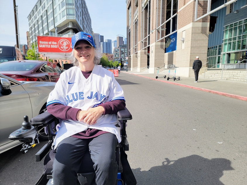 caption: Kelly Greir travelled from Vancouver Island to see the Toronto Blue Jays play in all three games of the series on Friday, May 9, 2025.