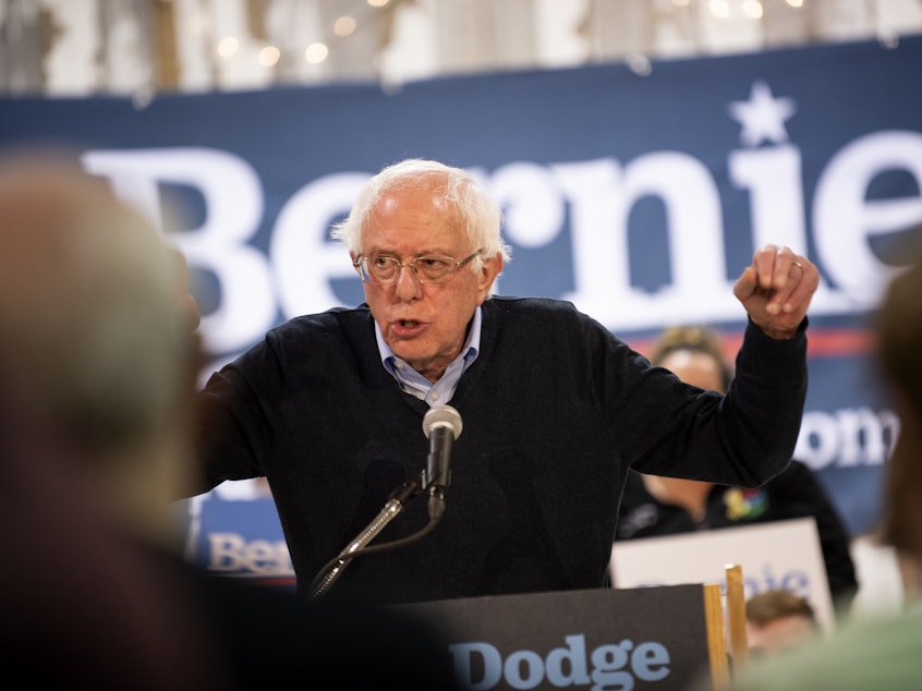 caption: Democratic presidential candidate Sen. Bernie Sanders, I-Vt., speaks during a town hall at the Fort Museum on May 4 in Fort Dodge, Iowa. Workers on his campaign have reached a union contract with management.