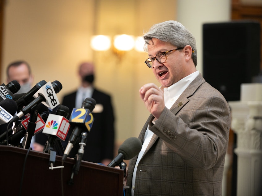 caption: Gabriel Sterling, Voting Systems Manager for the Georgia Secretary of State's office, answers questions during a press conference in early November.