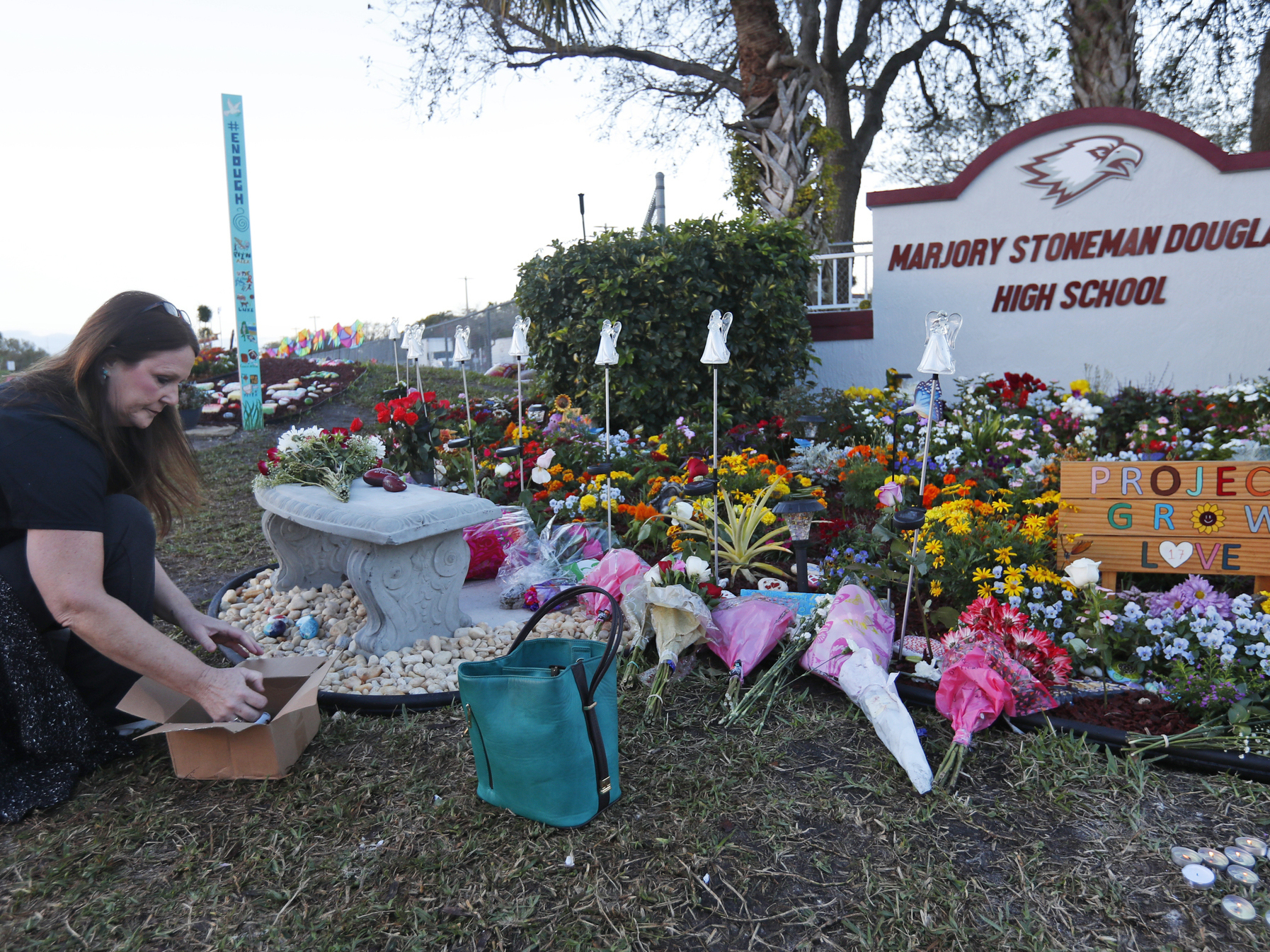 caption: Suzanne Devine Clark, an art teacher at Deerfield Beach Elementary School, places painted stones at a memorial outside Marjory Stoneman Douglas High School on the first anniversary of the school shooting Thursday.