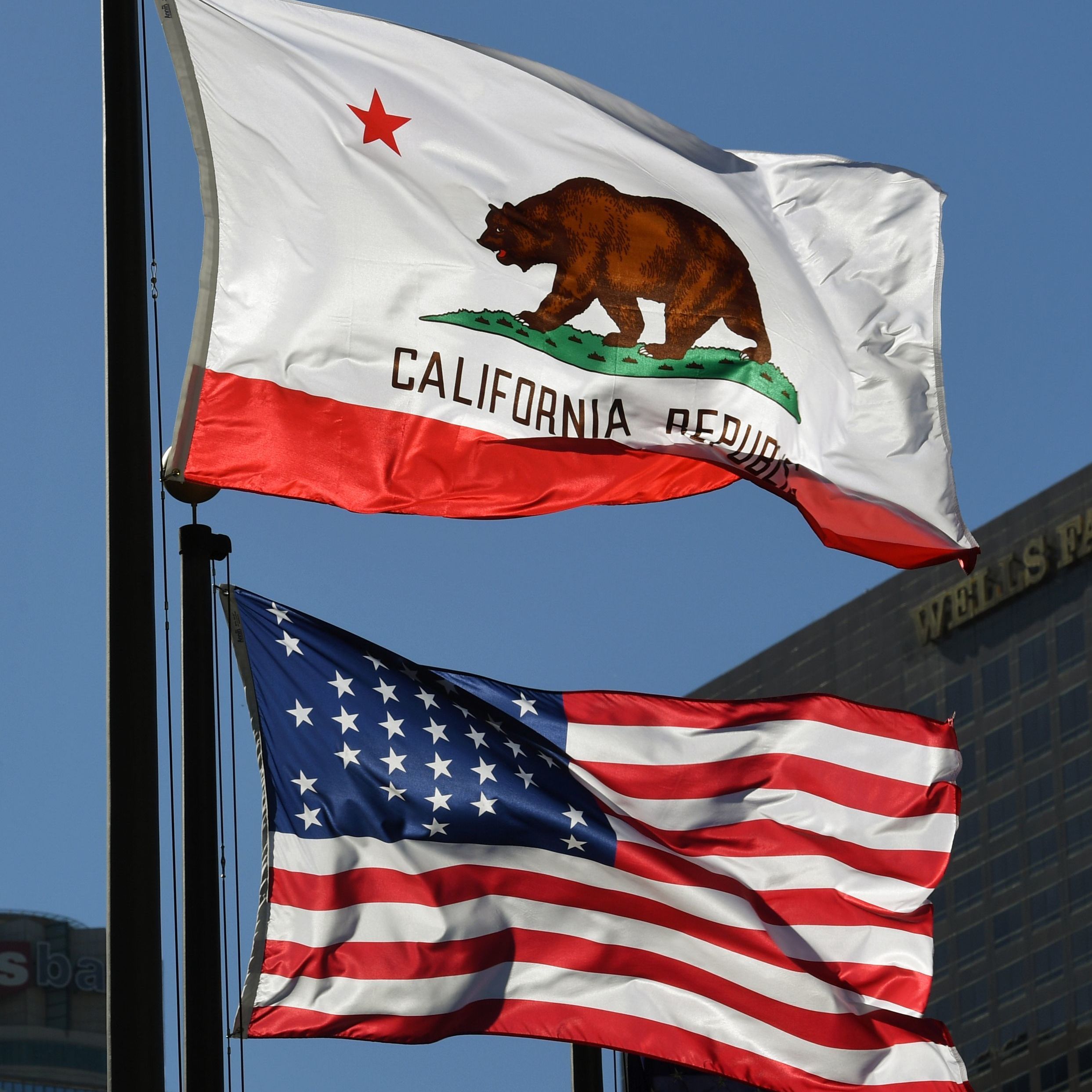caption: California's state flag flies in Los Angeles in January 2017.