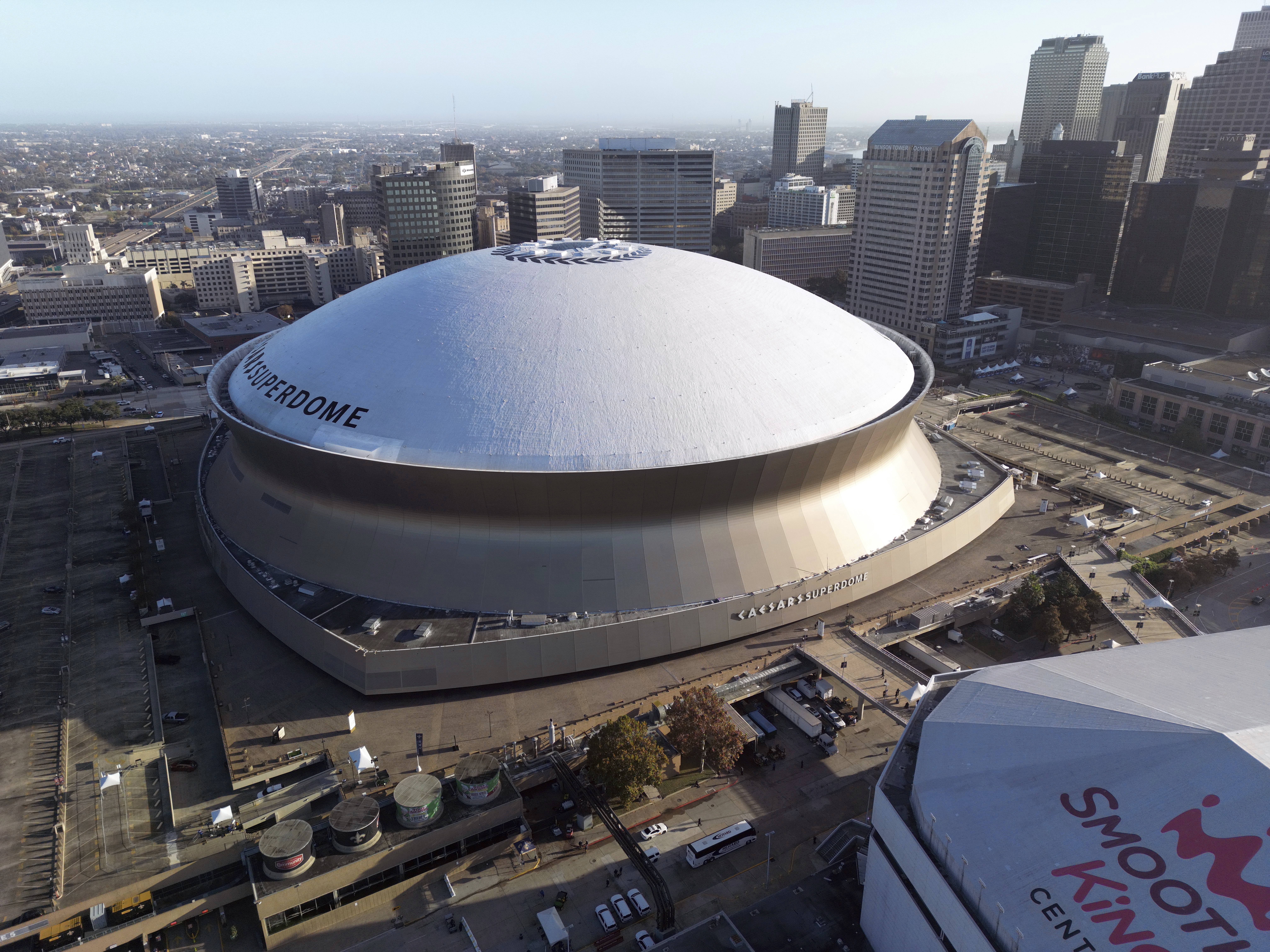 caption: An aerial view of the Caesars Superdome on Dec. 15 in New Orleans.