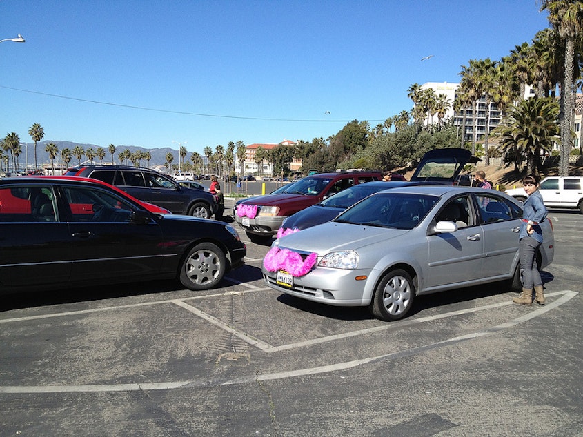 caption: Cars for the ridesharing company, Lyft, can be identified by the pink mustaches placed on the front bumper.