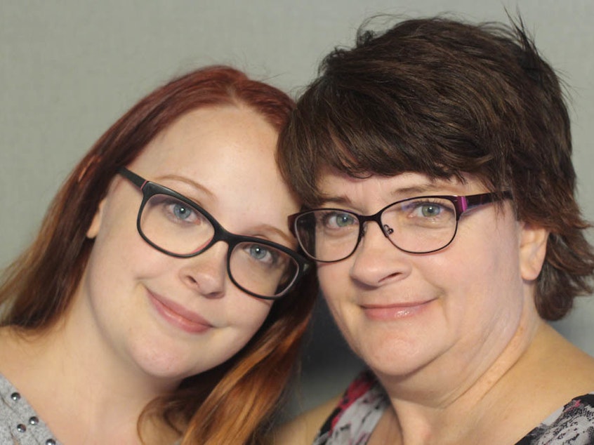 caption: Ashley Baker (left) and her mother, Sandy, recount being homeless at their StoryCorps interview in Dallas in October.
