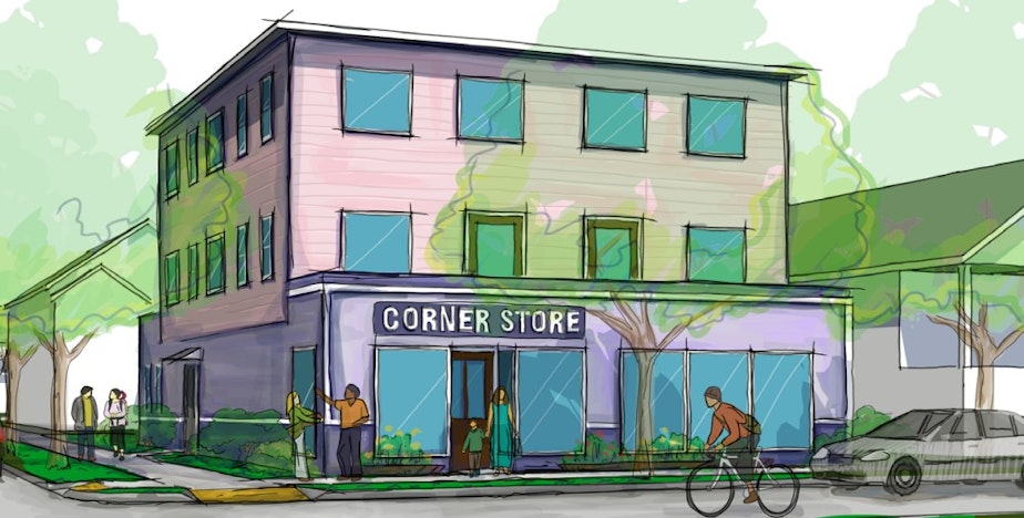caption: A rendering of a new cornerstore - with four apartments above - that could be built, if the city's proposal to allow cornerstores in low-density residential neighborhoods is implemented.