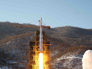 caption: North Korea's Unha-3 rocket lifts off from the Sohae launchpad in Dongchang-ri, North Korea, in this Dec. 12, 2012, photo released by the Korean Central News Agency.