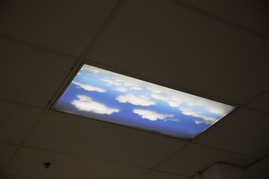 caption: A ceiling panel shows blue sky and clouds in the medical unit area on Tuesday, September 10, 2019, at the Northwest Detention Center, recently renamed the Northwest ICE Processing Center, in Tacoma.
