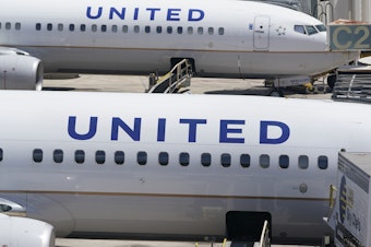 caption: Two United Airlines Boeing 737s are parked at the gate at the Fort Lauderdale-Hollywood International Airport in Fort Lauderdale, Fla., on July 7, 2022.
