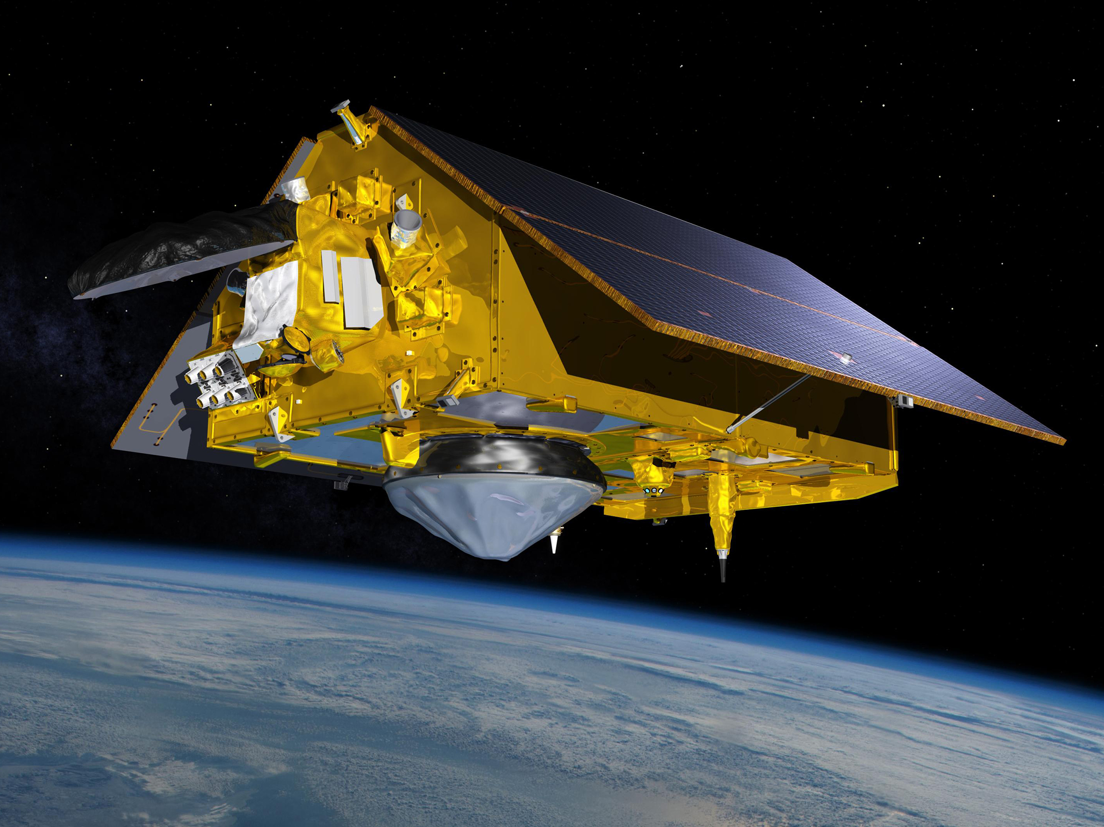 This illustration shows the Sentinel-6 Michael Freilich spacecraft in orbit above Earth with its deployable solar panels extended. As the world's latest ocean-monitoring satellite, it will collect the most accurate data yet on global sea level and how our oceans are rising in response to climate change.