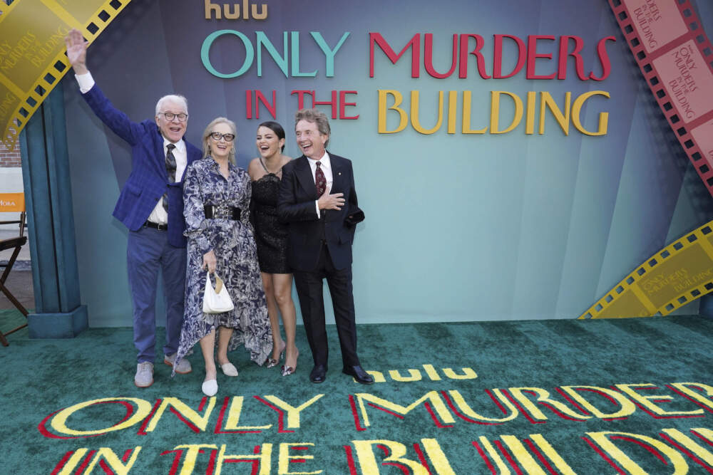 caption: Steve Martin, from left, Meryl Streep, Selena Gomez, and Martin Short arrive at the premiere of "Only Murders in the Building" at Paramount Pictures. (Jordan Strauss/Invision/AP)
