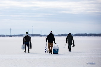 caption: From left: Bowling Green State University emeritus biology professor George Bullerjahn, Bowling Green graduate student Ryan Wagner and University of Windsor professor Mike McKay set out on the frozen surface of Lake Erie's Sandusky Bay to find a spot to collect water samples on Feb. 9 near Port Clinton, Ohio.