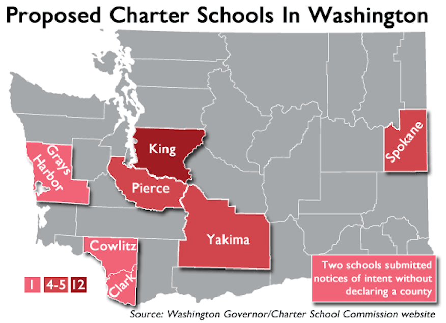 caption: Thirty-one schools, as shown above, filed a notice of intent with the state to establish a charter school, over half of which would be in either King or Pierce county. Twenty-two schools completed applications by Friday's deadline. 