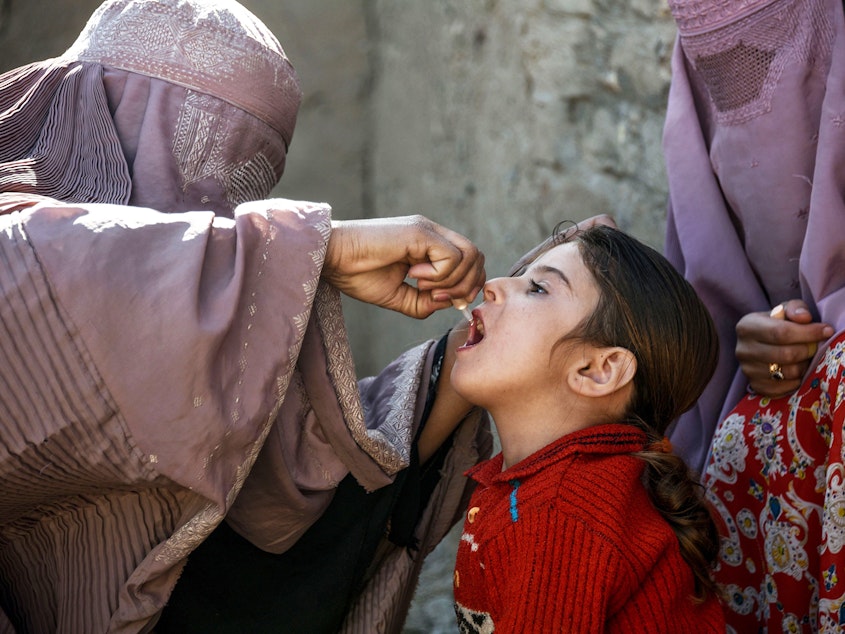 caption: A health worker administers a polio vaccine to a child in Afghanistan's Kandahar province. Taliban opposition to vaccine campaigns have left millions of children unprotected against the virus.