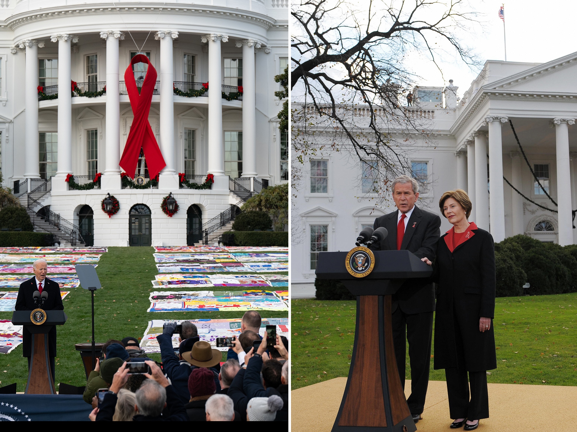 caption: The U.S. has marked World AIDS Day — the first global day dedicated to a health issue — since its creation in 1988. From left: President Joe Biden delivers remarks at a World AIDS Day event on the South Lawn at the White House on December 1, 2024. President George W. Bush with First Lady Laura Bush commemorate World AIDS Day on December 1, 2008 on the North Lawn of the White House.
