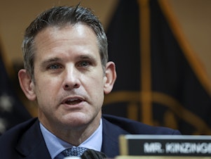 caption: Adam Kinzinger delivers remarks during the fifth hearing by the House Select Committee to Investigate the January 6th Attack, in June 2022.