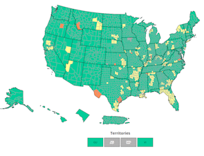 caption: The CDC's map of Covid hospitalizations in the United States as of Sept. 9, 2023. Green indicates "low" levels, yellow is "medium," and orange is "high."