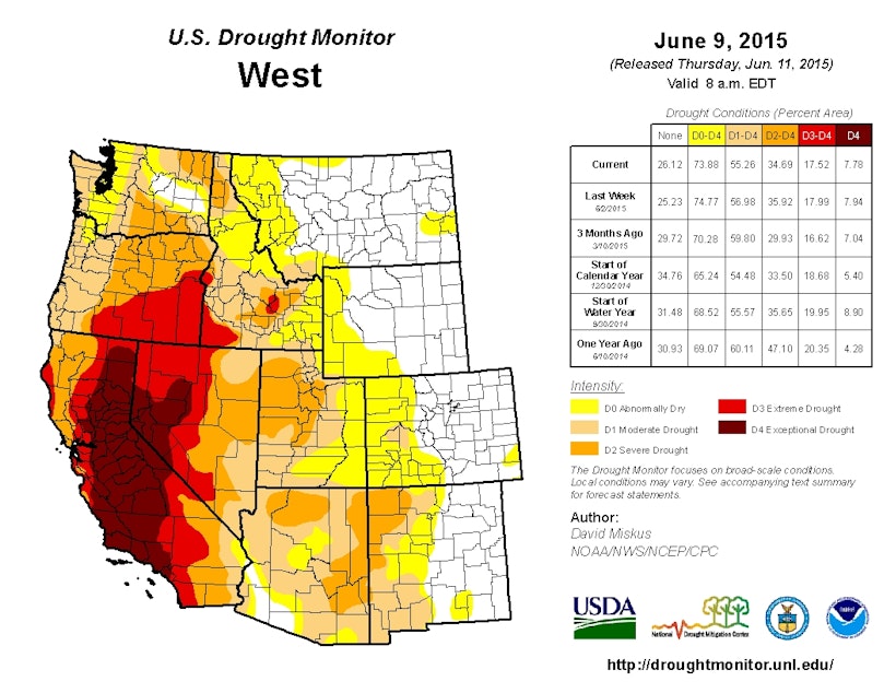 caption: This week's federal drought map shows how widespread the trend is across the West.