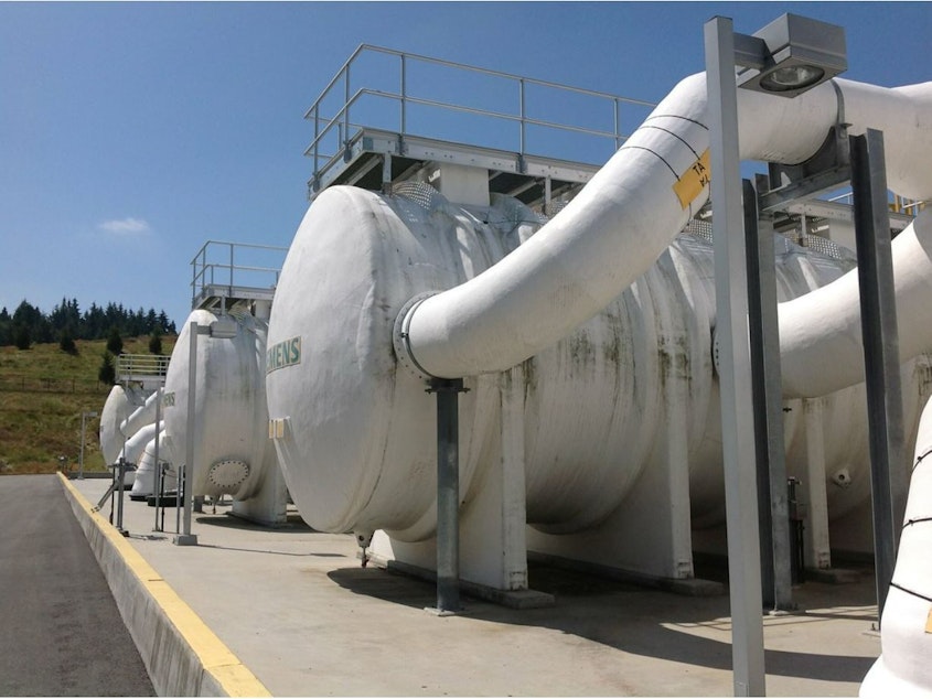 caption: Odor control equipment at the Brightwater wastewater treatment plant. It serves Snohomish and northern King counties and has seen a rebound in amounts of Covid in the sewage in recent weeks.
