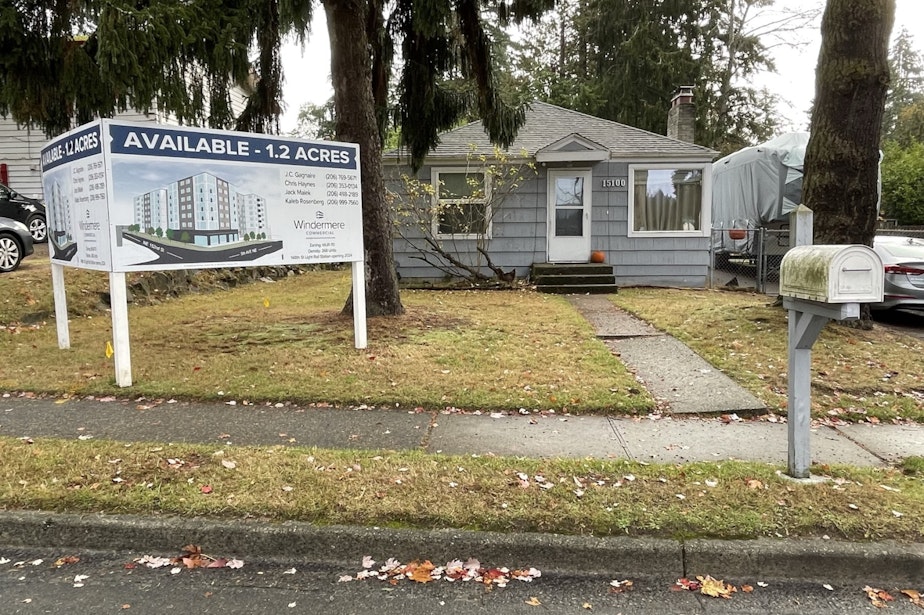 caption: A home for sale near a future light rail station in Shoreline, Washington in December 2022.